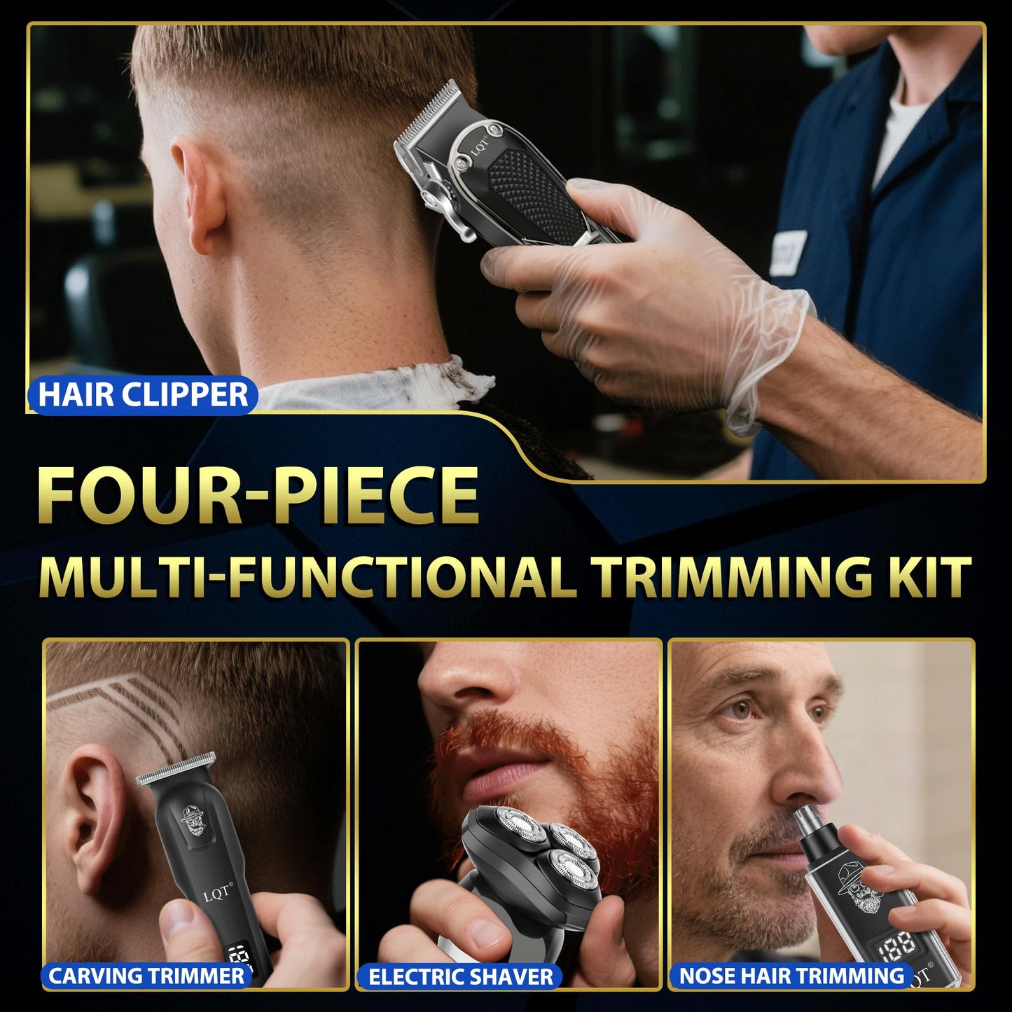 LQT Hair Clippers for Men 4-in-1 Cordless Clippers Set Beard and Mustache Trimmer for Men Electric Shaver Nose and Ear Hair Trimmer with Comb, Wrap, Bag, to Son Husband Father Men's Gifts