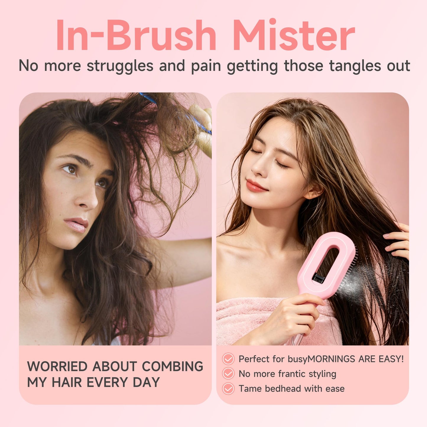 2-in-1 Manual Spray Hair Brush with Refillable Water Tank, Detangling Mist Comb for Fine Hair, Curly Hair and Kids, Travel Use, Pink