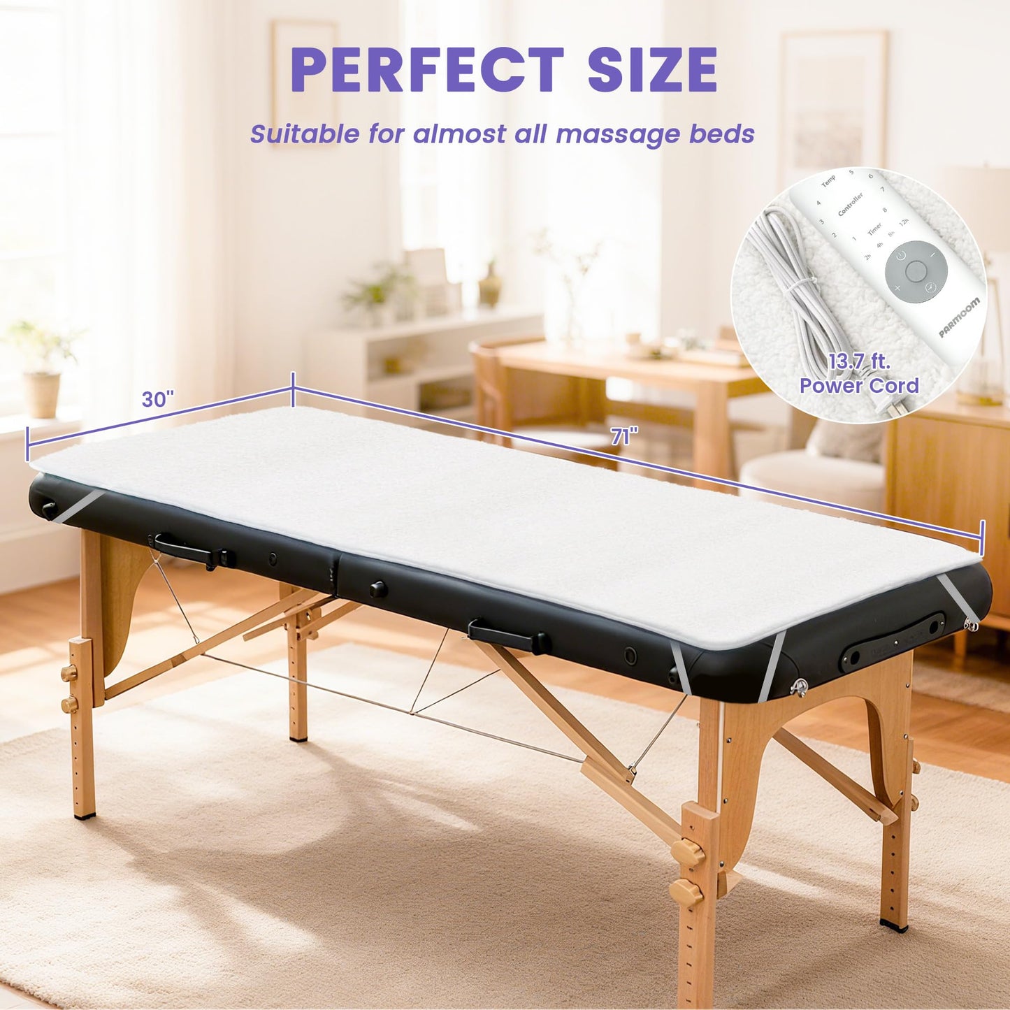 Massage Table Warmer Heating Pad Professional Massage Bed Warmer with 4 Timer, 8 Heat Settings, Overheat Protection for Massage Bed & Spa, Lightweight and Compact for Easy Portability, 30" x 71"
