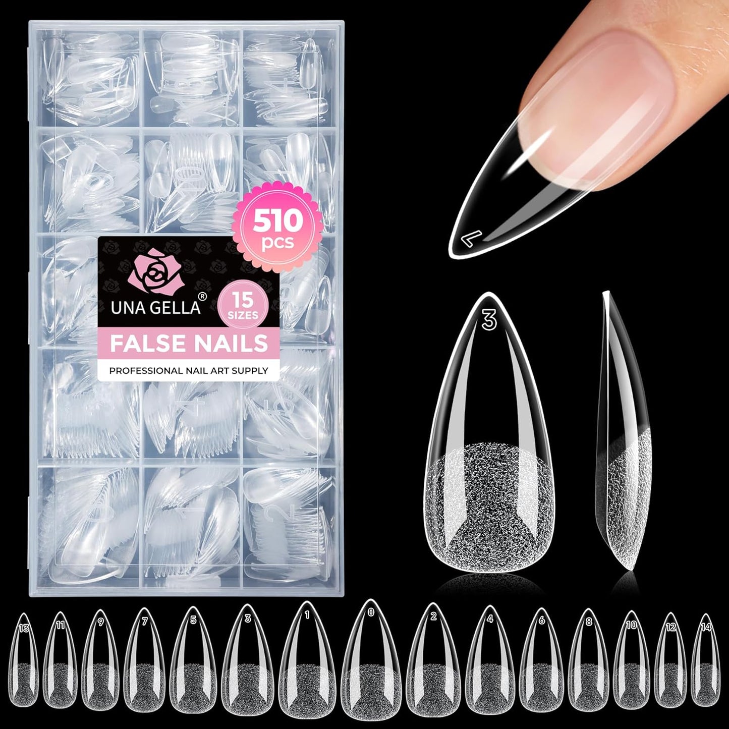 Stiletto Gel Nail Tips - 510 Pcs Medium Almond Full Cover Acrylic Press-On Nails | Pre-Etched for DIY Salon Use