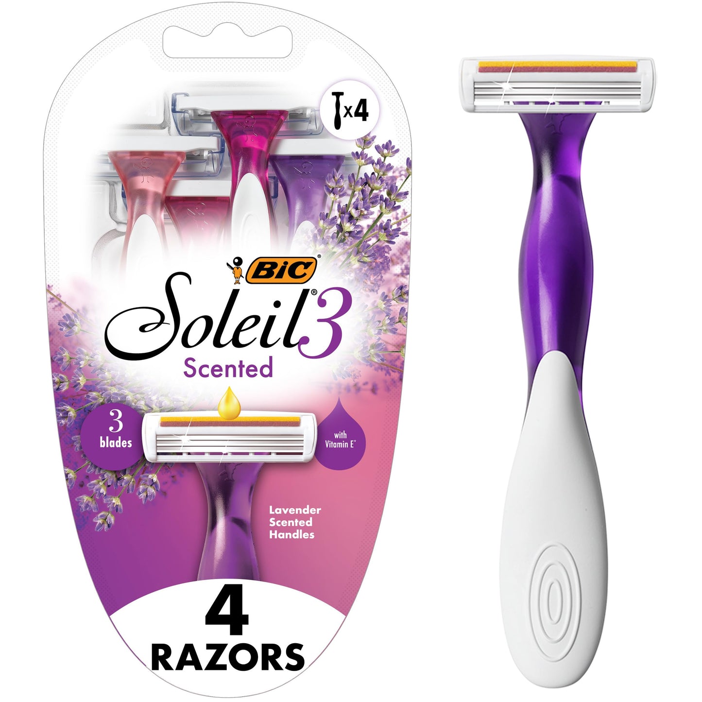 BIC Soleil 3 Scented Women's Disposable 3-Blade Razors, Moisture Strip with Vitamin E and Lavender Scented Handles, 4-Pack