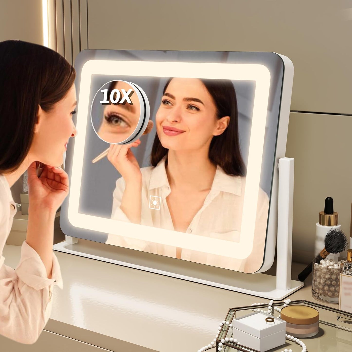 Lighted Makeup Mirror with Smart Touch Control - 12" x 16" LED Vanity Mirror, 3 Color Modes, 10X Magnification, 360° Rotation