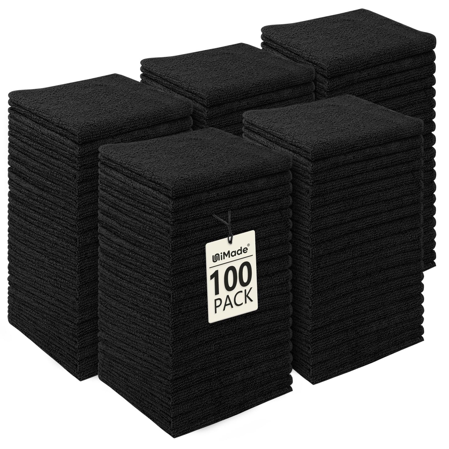 UNIMADE Washcloths Bulk - 100 Pack - Face Towels (12" x 12"), Highly Soft Wash Cloths and Hand Towels, Fast Drying Multi-Purpose Microfiber Cleansing Cloths for Bathroom, Hotel, Spa, and Salon - Black