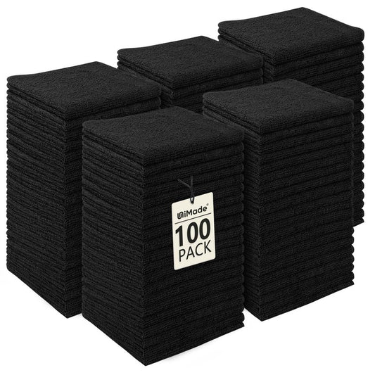 UNIMADE Washcloths Bulk - 100 Pack - Face Towels (12" x 12"), Highly Soft Wash Cloths and Hand Towels, Fast Drying Multi-Purpose Microfiber Cleansing Cloths for Bathroom, Hotel, Spa, and Salon - Black