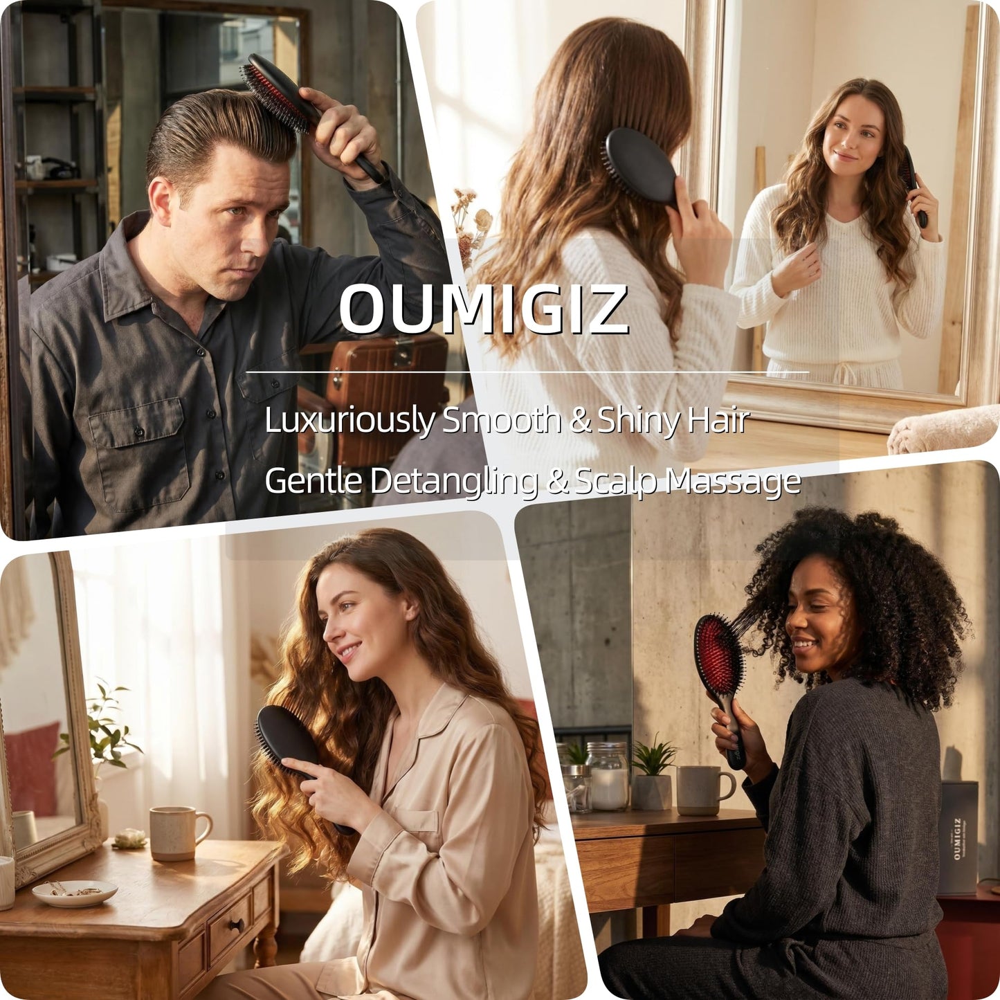 OUMIGIZ Boar Bristle Hair Brush Since 1965 British Craftsmanship, Handmade Natural Wood Slick Back Hairbrush, Gentle Detangling Smoothing Women Men Kids Curly Thick, Fine Hair