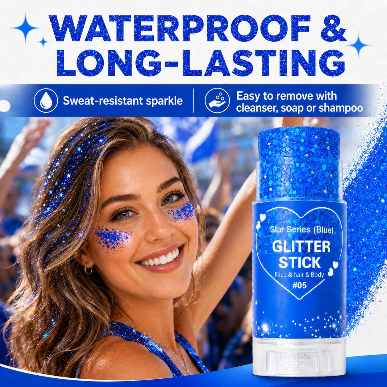 Blue Glitter Stick for Hair Face and Body, Blue Hair Glitter Makeup Stick with Chunky Sequins, Rave Carnival Concert Festival Accessories for Women, 4th of July Sports Game Day Glitter (05Blue)