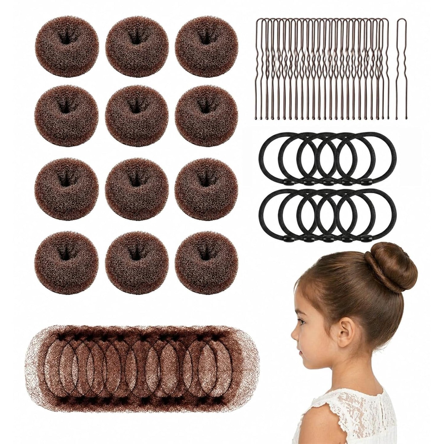 Hair Donut Bun Maker Set - 12 Pcs for Thin Fine Hair | 30-Second Chignon Ring with 10 Hair Ties, Nets & U Pins (Brown)