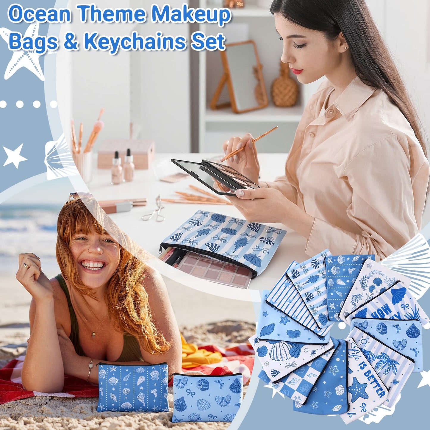 24 Pcs Ocean Themed Cosmetic Bags Bulk Gifts Include Blue Coastal Canvas Zipper Makeup Bags Ocean Keychain Starfish Seashell Portable Travel Toiletry Pouches for Girl Summer Beach Birthday Supplies