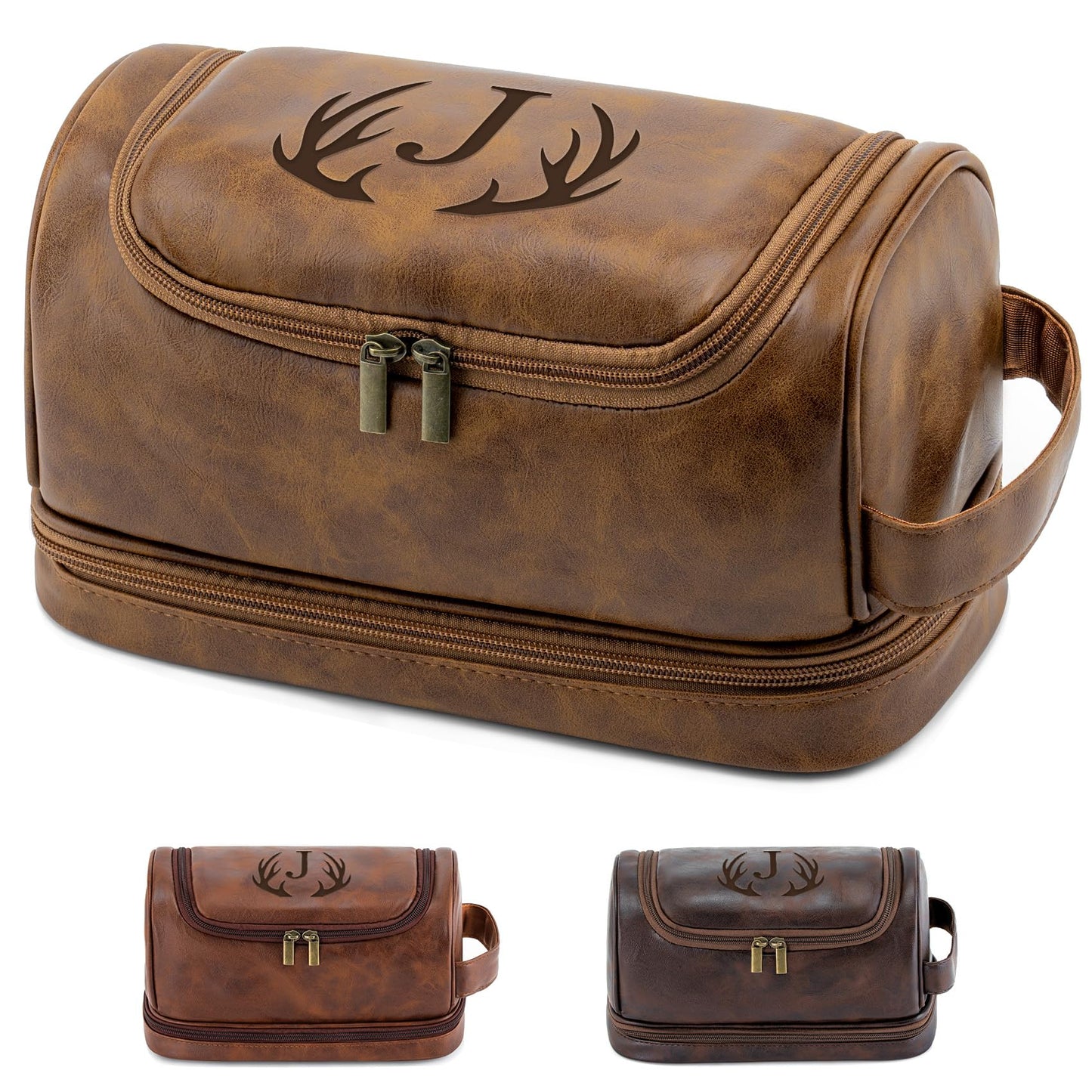 Aganmi Personalized Toiletry Bag Fathers Day Birthday Gifts for Men Dad Husband, Custom Initial PU Leather Waterproof Toiletry Organizer Dopp Kit Shaving Bag Travel Essential for Men (Light Brown J)