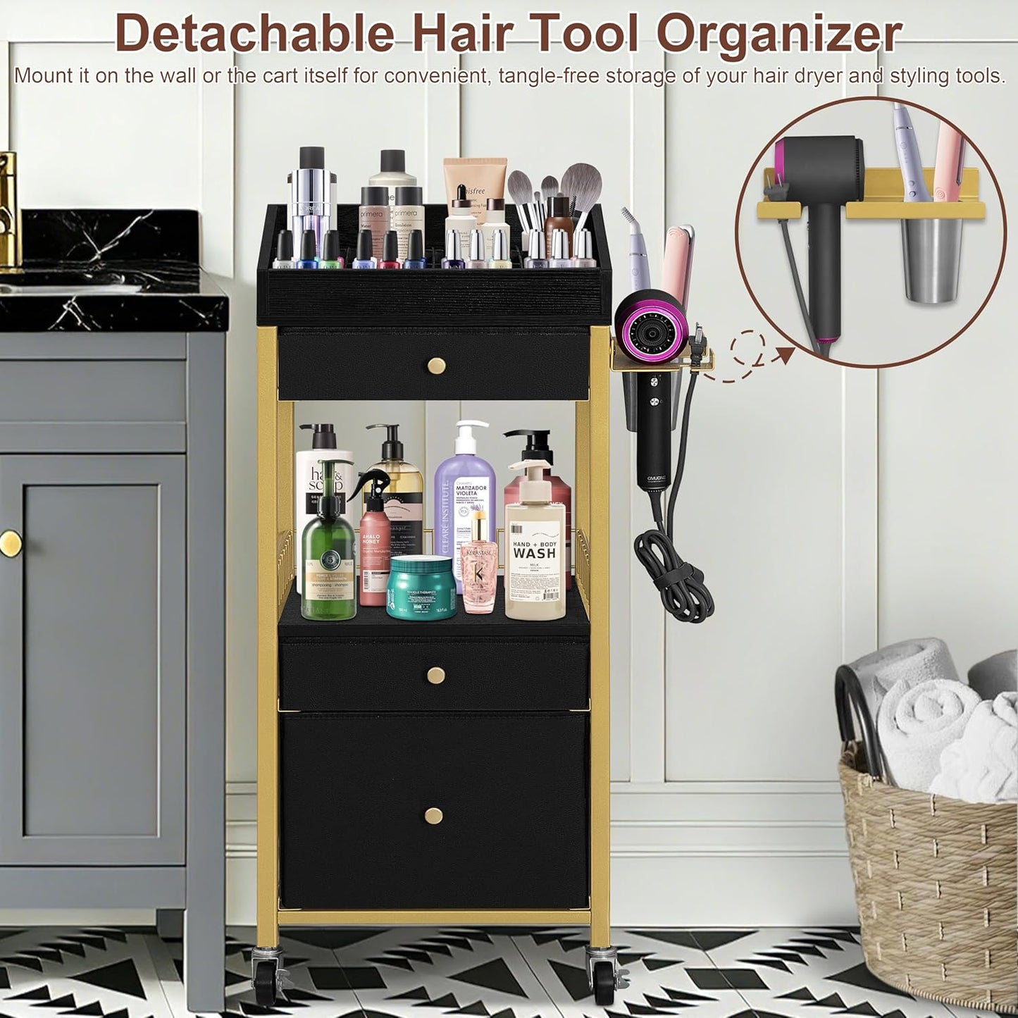 Makeup Organizer Cart - Rolling Vanity Storage with 3 Drawers & Detachable Hair Tool Holder | Gold & Black