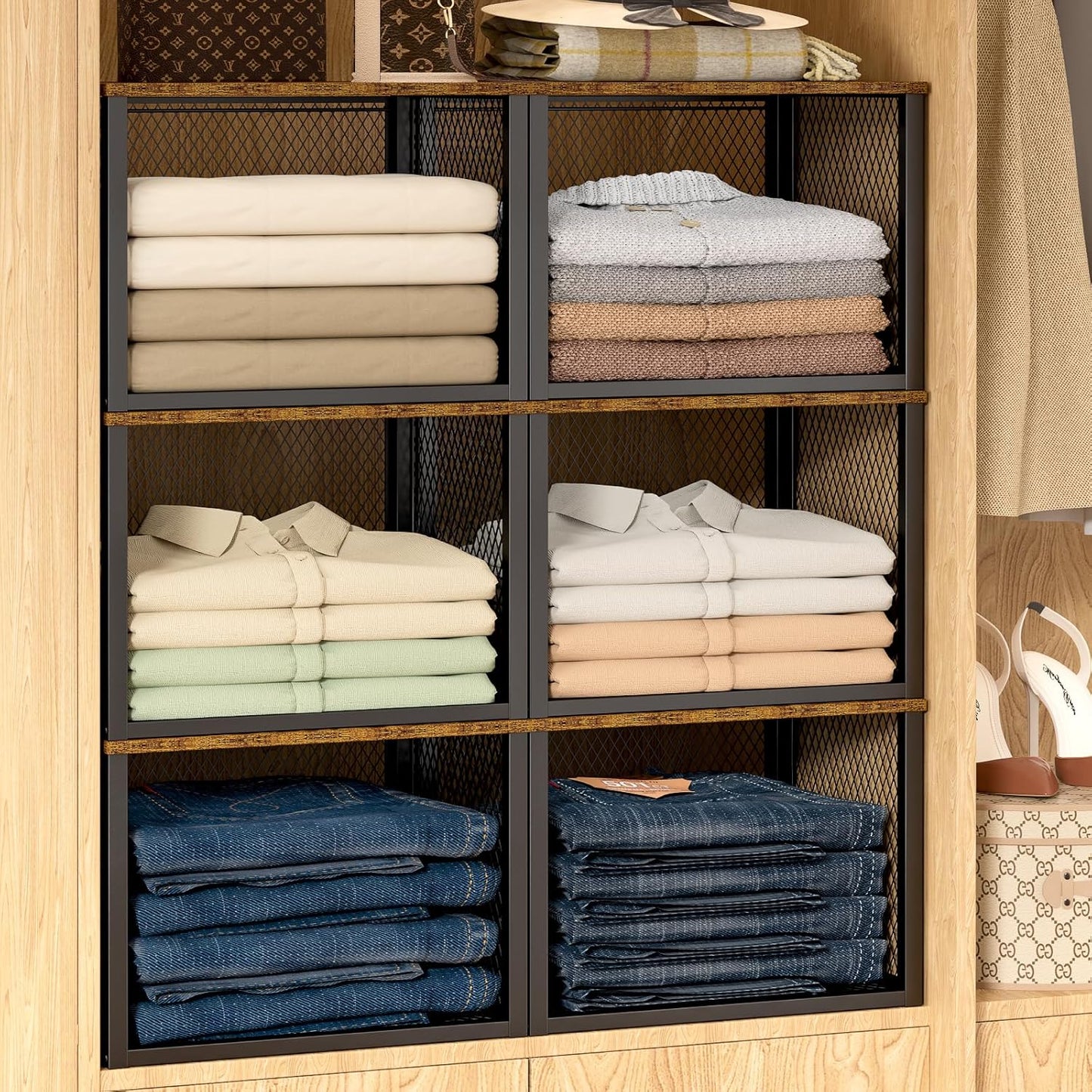 Stackable Closet Organizers - Multifunctional Storage Baskets with Wood Top | 3 Pack, Black
