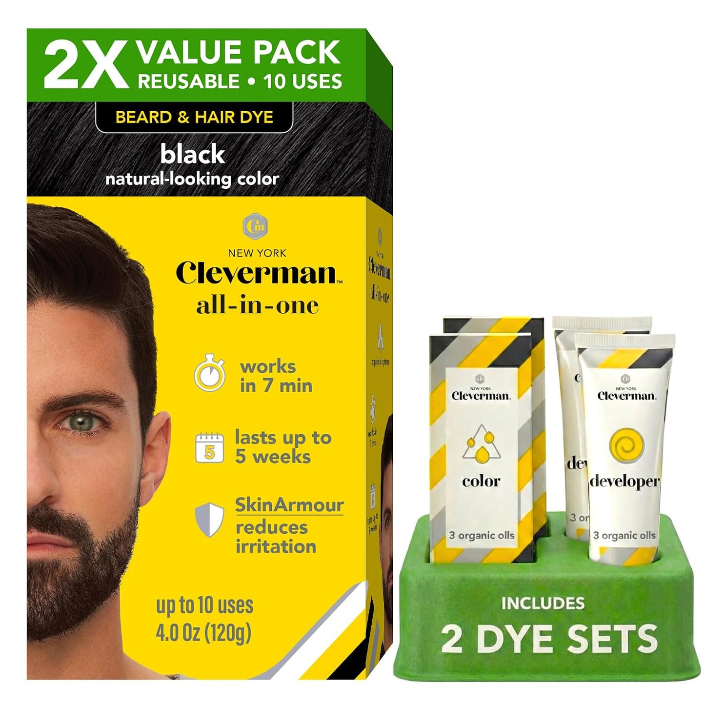 Cleverman Reusable Hair & Beard Dye for Men - Light Brown | Natural Gray Coverage, No-Drip Cream, 5 Uses in 7 Minutes