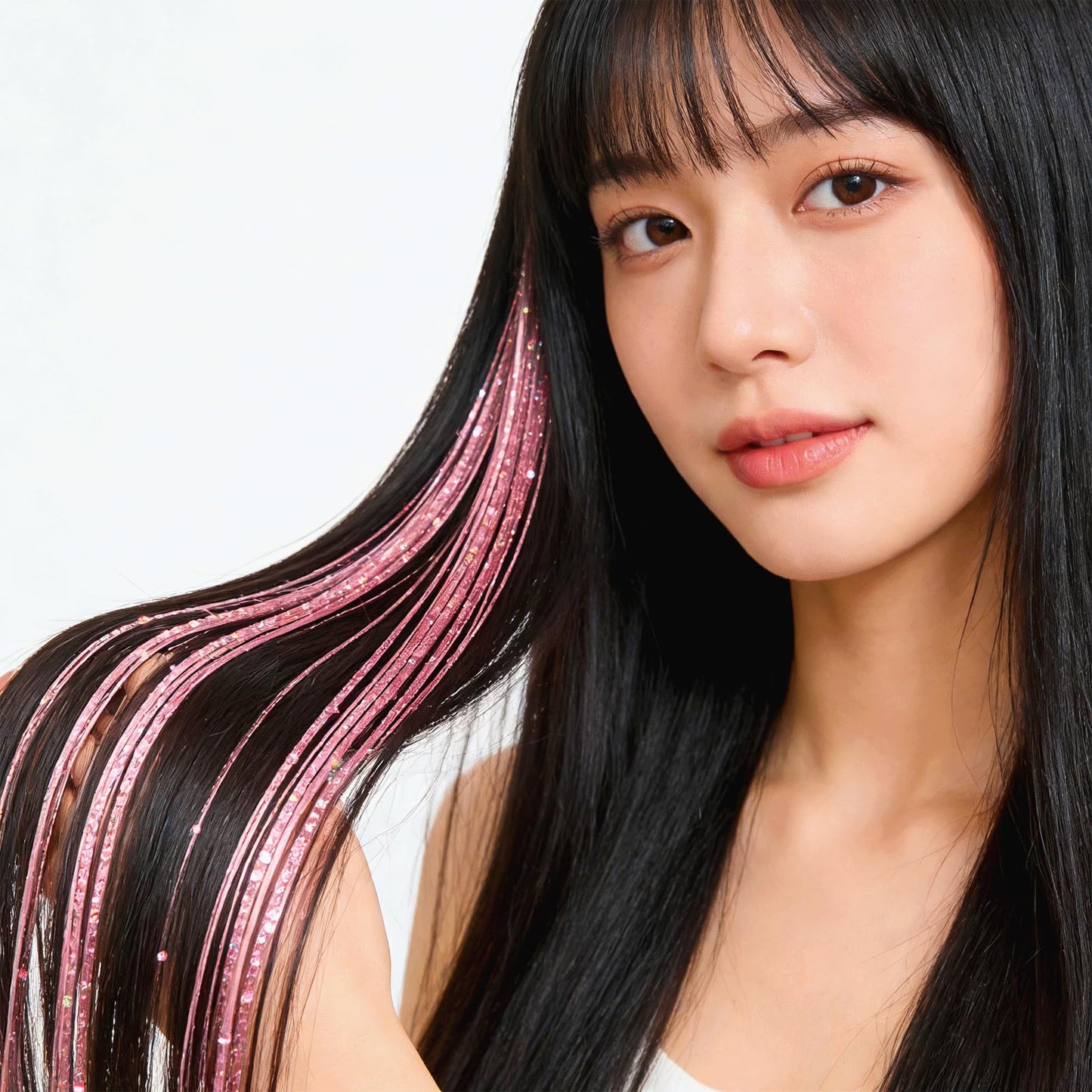 12PCS Pink Hair Tinsel Extensions, 23 Inch Pink Glitter Tinsel Hair Strands for Women, Clip-In Sparkly Hair Accessories for Parties, Festivals & Cosplay Daily Travel Birthday