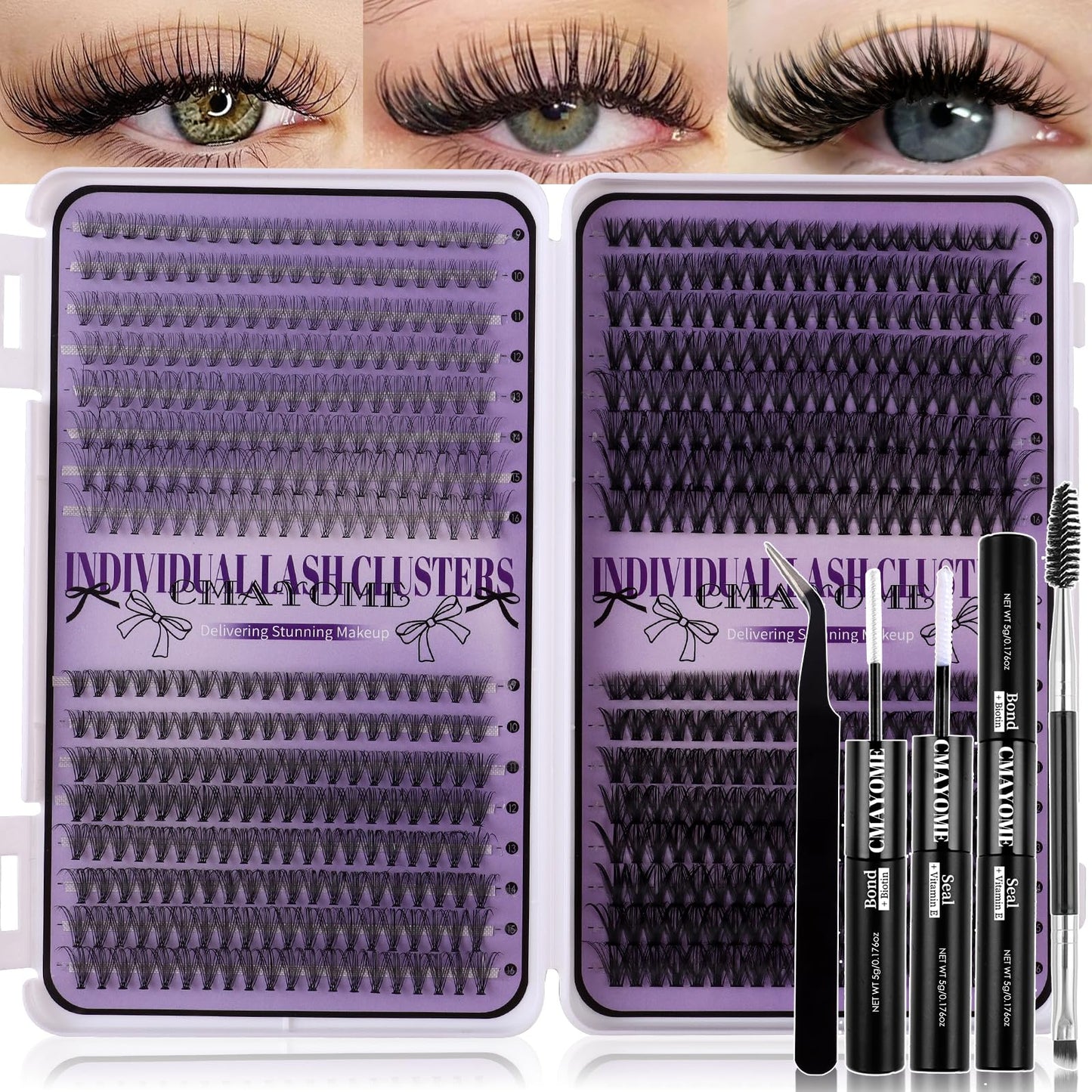 CMAYOME Lash Clusters Kit, 10D 20D 30D 40D Lash Extension Kit with Lash Bond and Seal, 640Pcs Eyelash Clusters with Lash Tweezers, Lash Remover and Eyelash Brush
