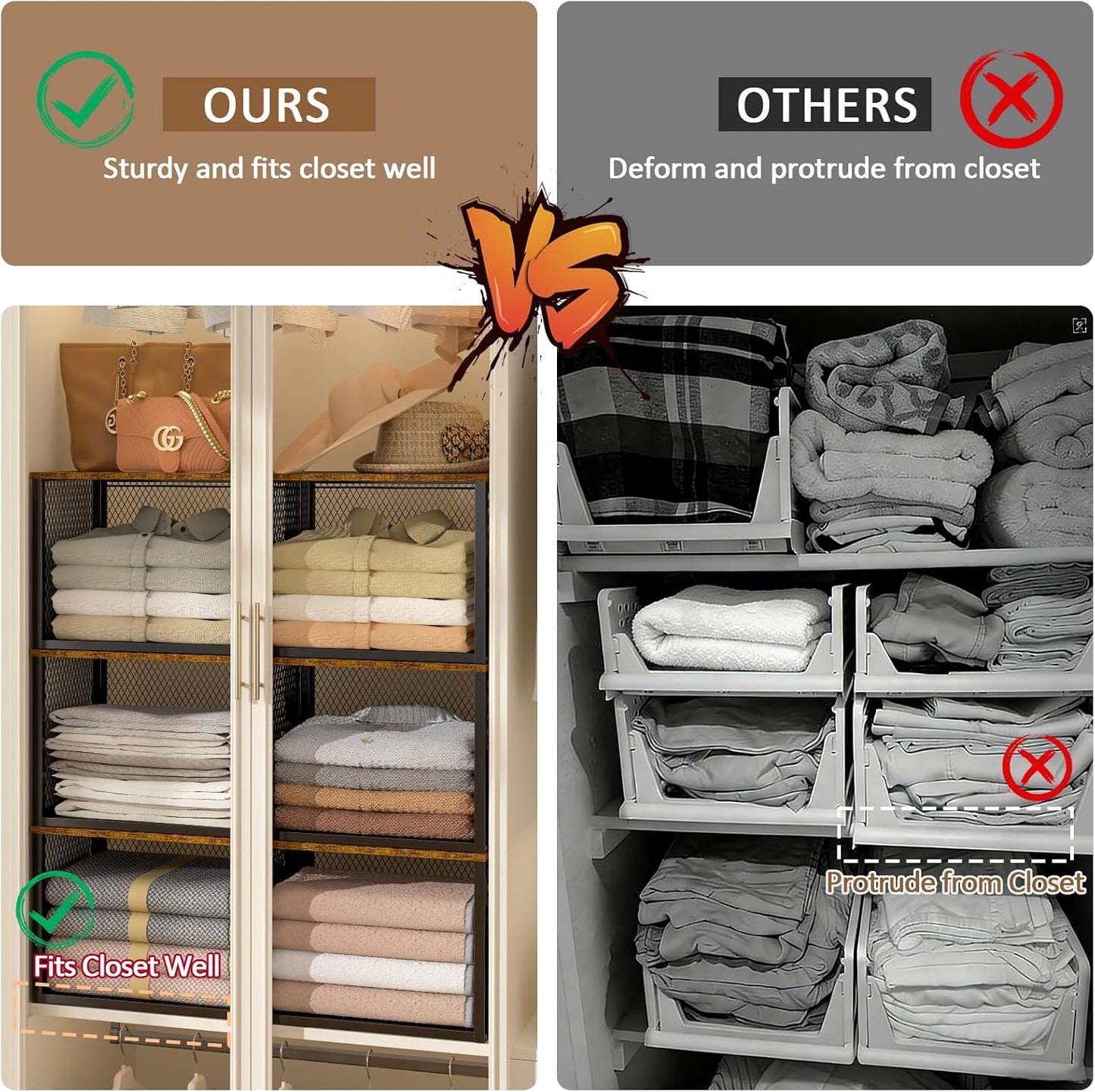 Stackable Closet Organizers - Multifunctional Storage Baskets with Wood Top | 3 Pack, Black