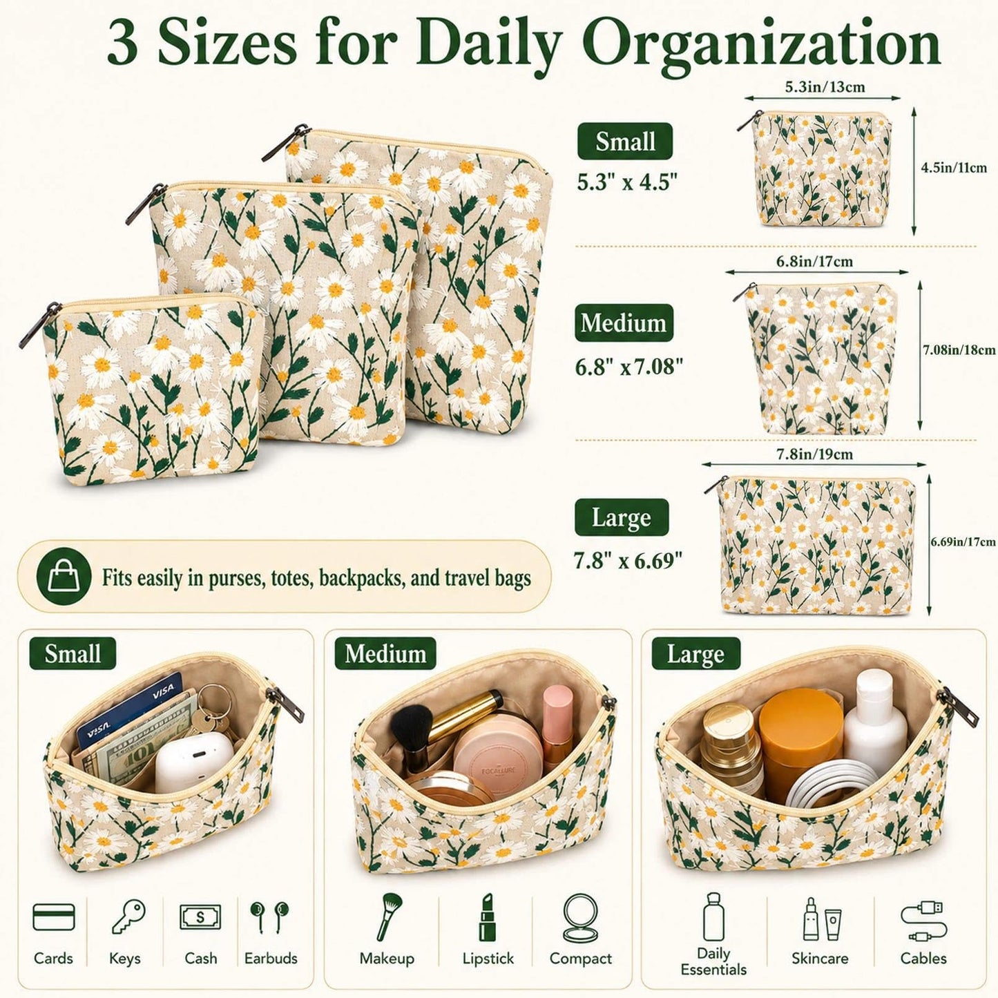 BBORGDC Small Cosmetic Bag Set of 3 for Purse, Cute Cotton Floral Makeup Bags, Small Makeup Bag Organizer, Cosmetic Pouch Set for Travel & Daily Use