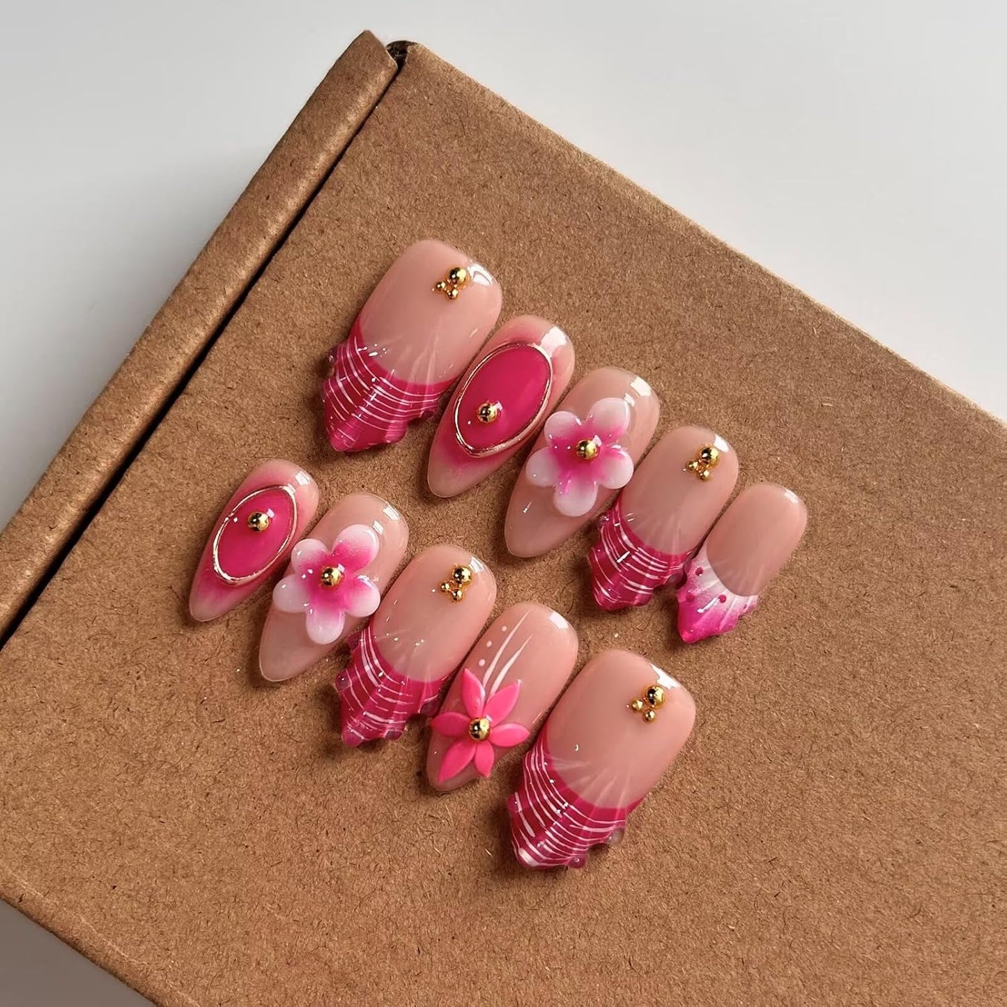Press On Almond Nails - Handmade 3D Design, Thick Acrylic Gel | Reusable DIY Artificial Nails for Women (10 Pieces)