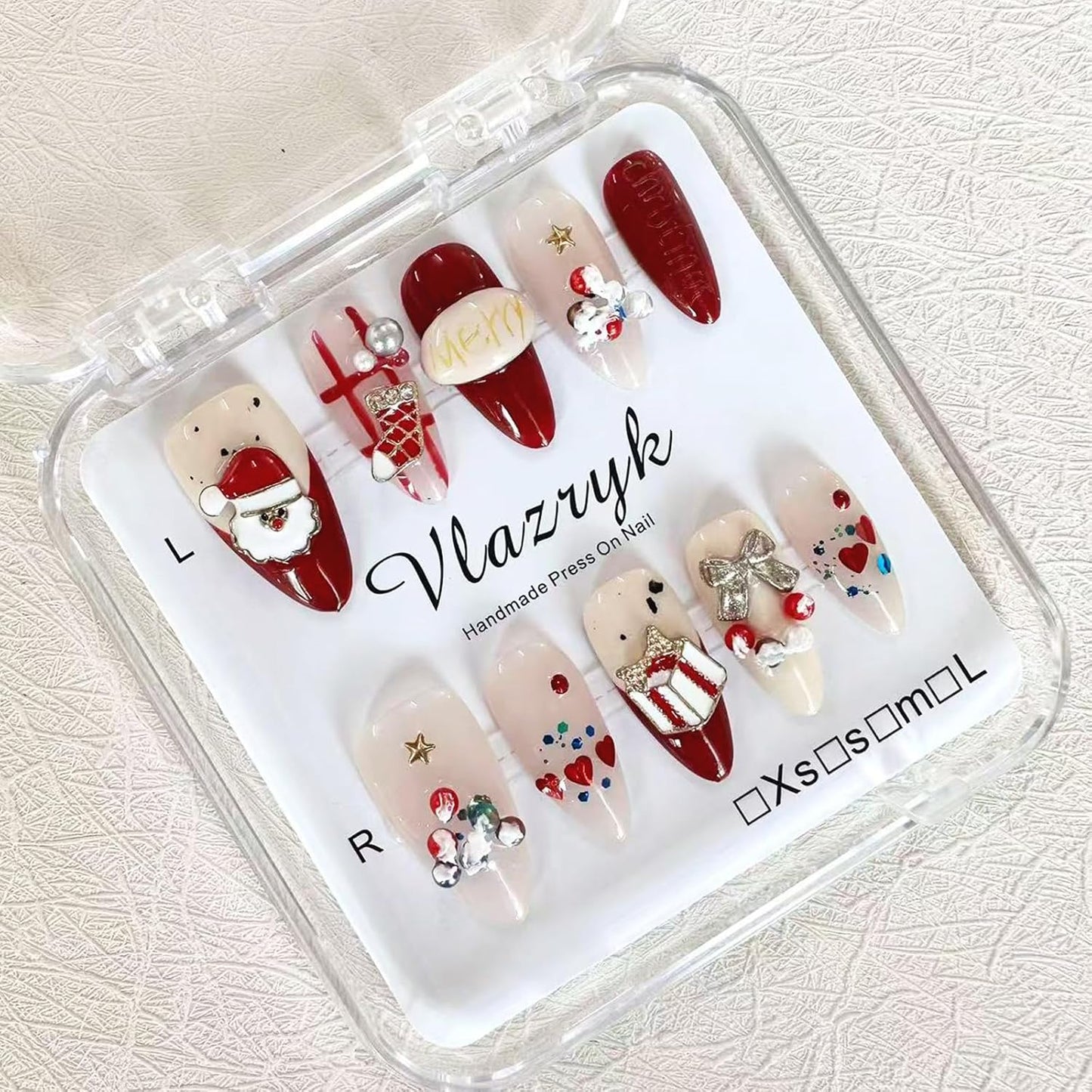 Brown French Tip Press On Nails - 3D Metallic Rhinestones | Medium Almond Reusable Acrylic False Nails (10 PCS)