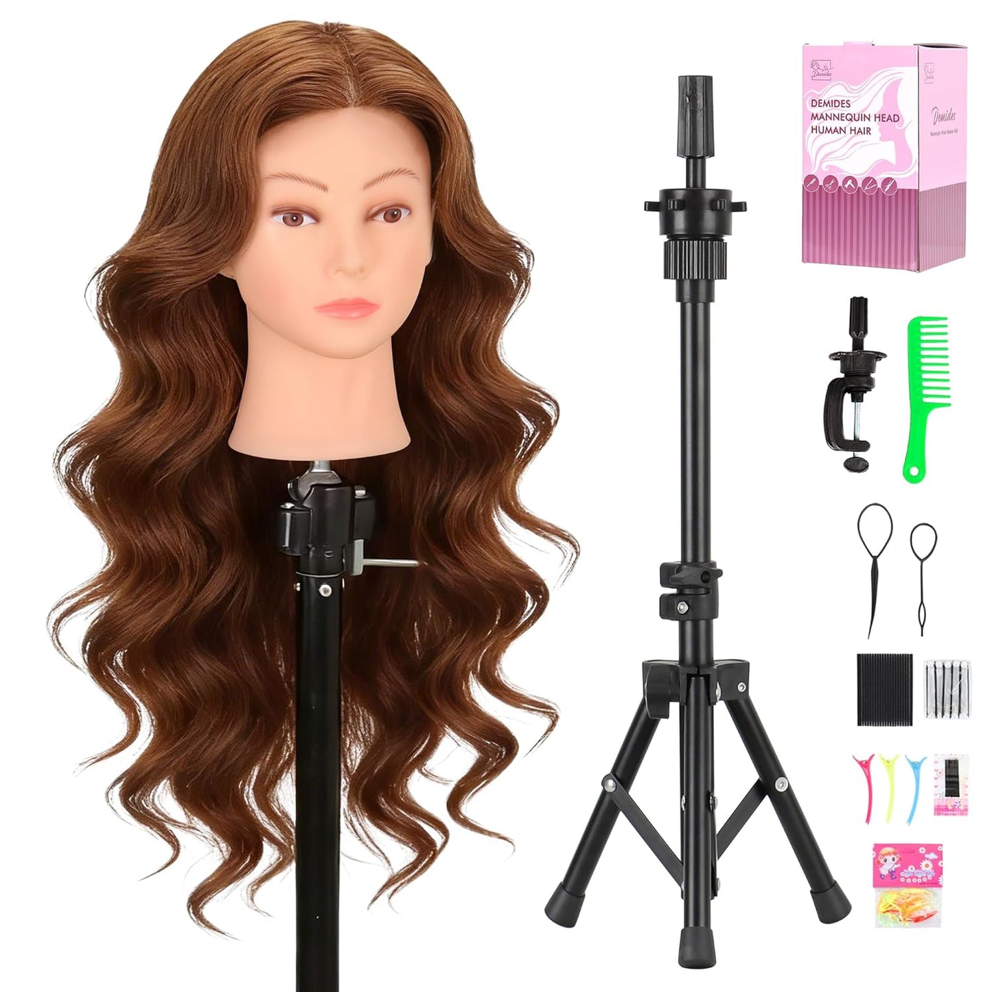 Human Hair Mannequin Head - 22"-24" Cosmetology Training Head with Tripod Stand & Clamp Holder for Styling, Braiding, Cutting