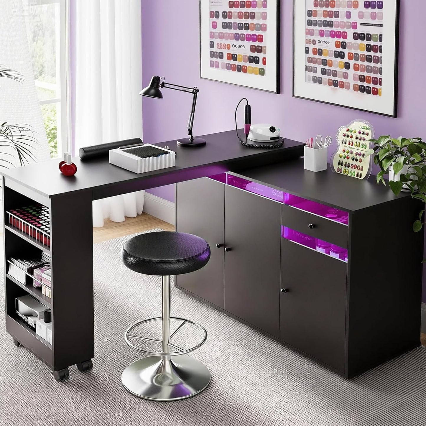 L-Shaped Manicure Table - Modern Nail Salon Desk with Storage & LED Light | White, Convertible Design