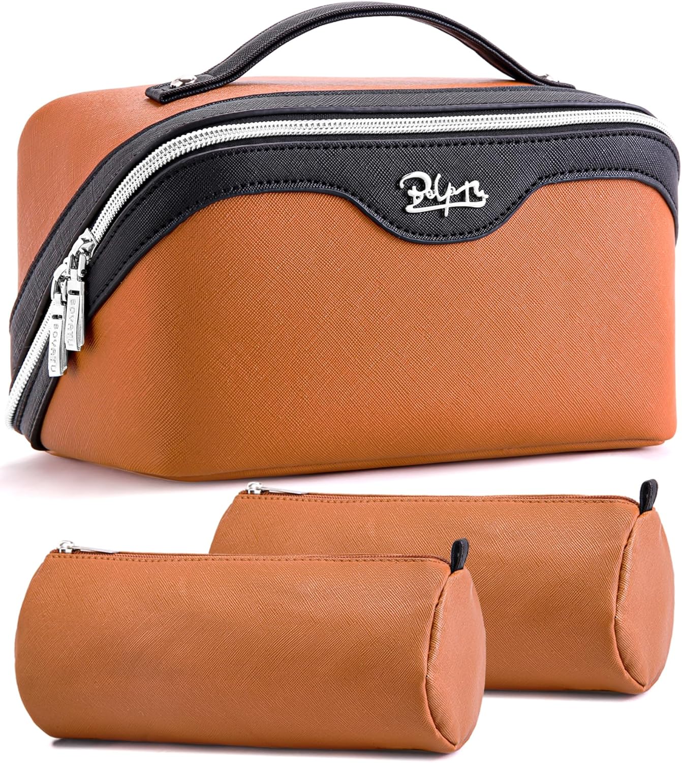 Travel Makeup Bag Organizer Set - 3 Pcs Waterproof Vegan Leather Cosmetic Bags for Women | Black
