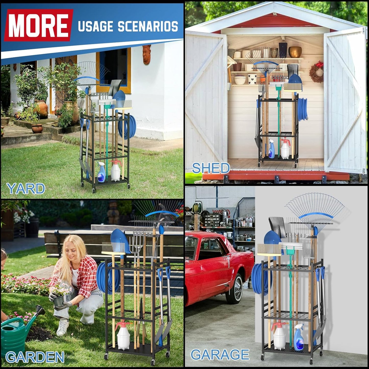 Garden Organizer With Wheels - Sturdy Metal Rack for 35 Tools | Outdoor Storage, Black