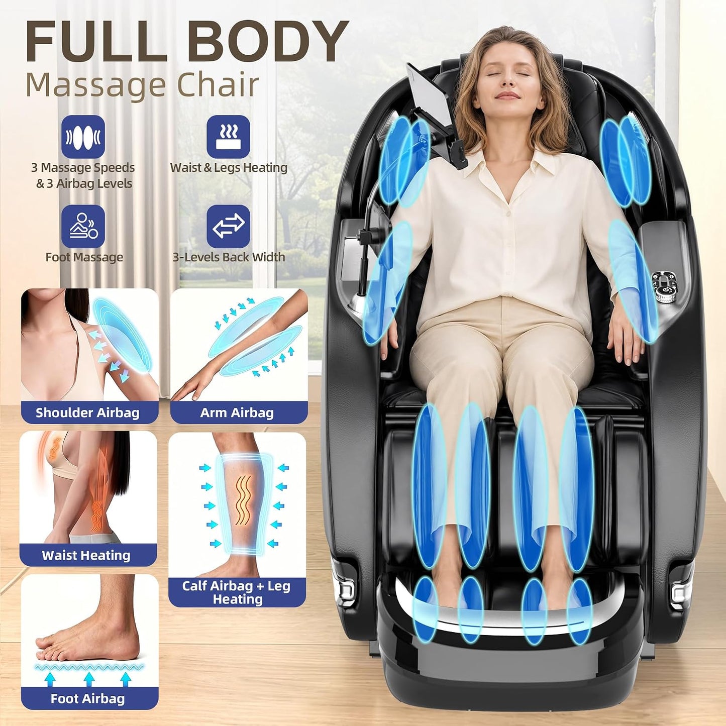 Full Body Massage Chair - Zero Gravity SL-Track Shiatsu Recliner with 12 Auto Modes, Heated Waist & Calf | L183 Black