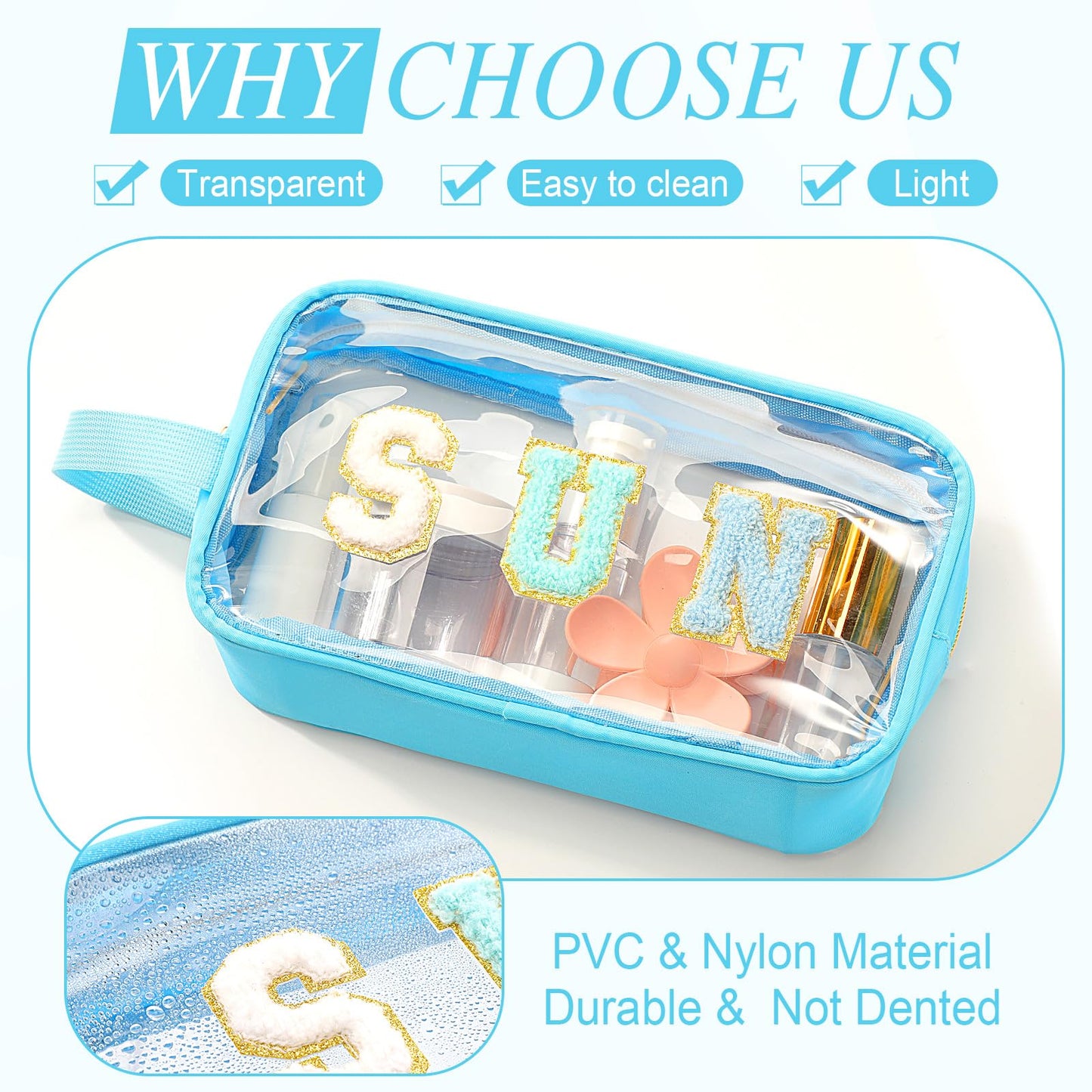 Kacctyen Letter Clear Makeup Bags Sun Pouch Blue Preppy Patch Clear Travel Bag with Zipper Chenille Nylon Cosmetics Waterproof Sandproof Bags Toiletry Storage Snack Sunscreen Pouch for Women