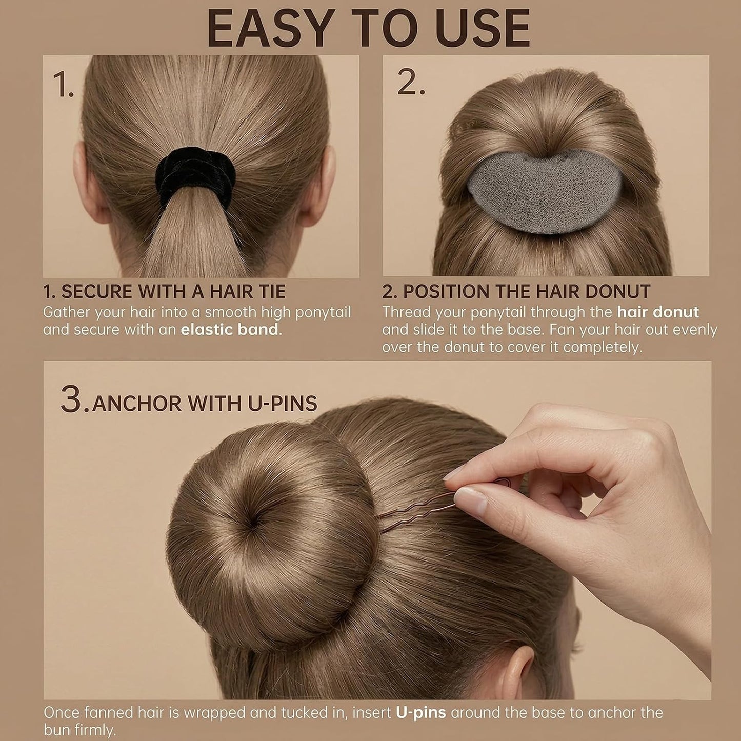 Small Hair Donut Bun Maker - 6 Pcs Set for Thin Hair | 30-Second Chignon Ring with 5 Hair Ties & 20 U Pins (Tan Brown)