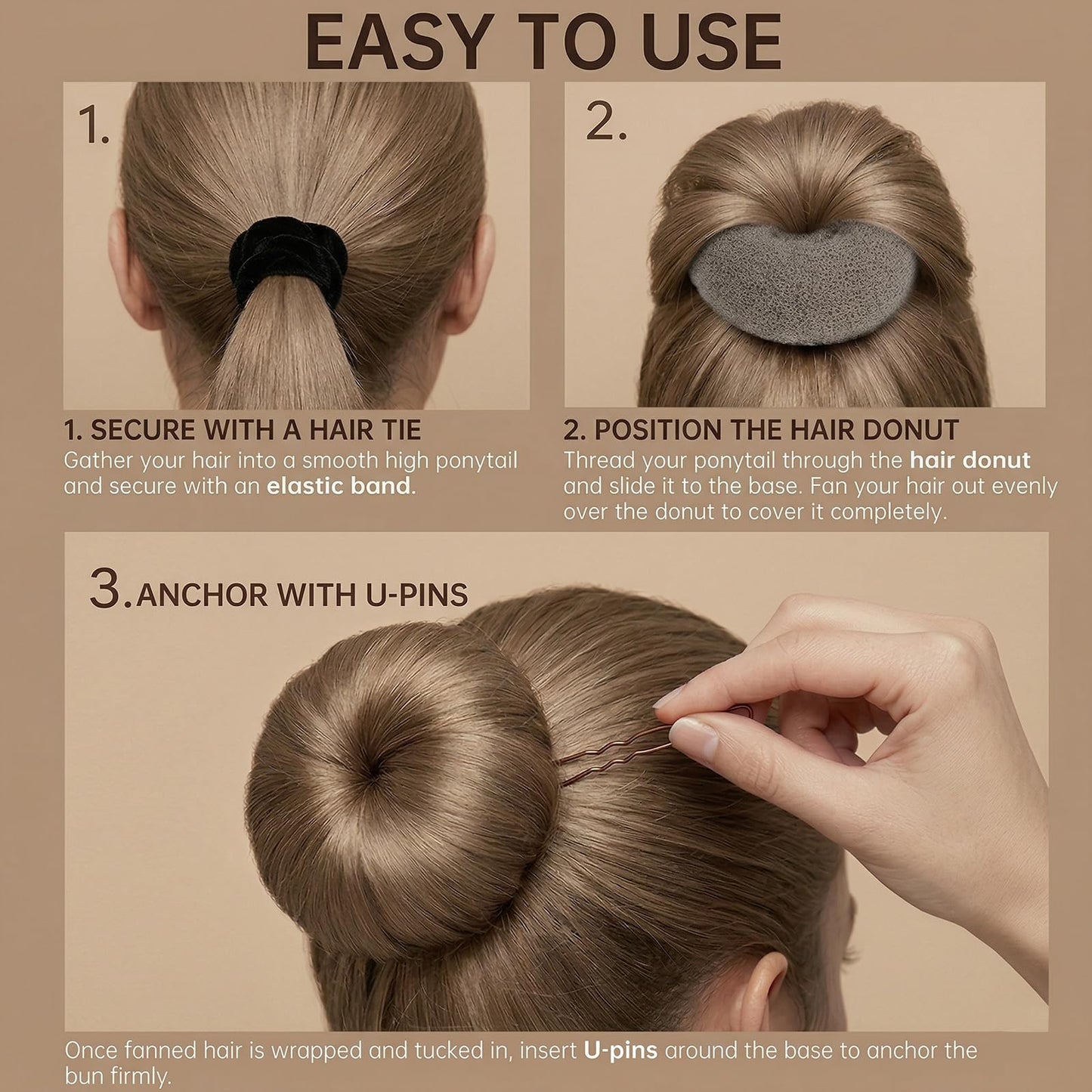 whisrvival 6pcs Hair Donut Bun Maker 2 Sizes in 1 Set(Small + Medium), Firm Hold Bun Shaper Ring for Women Girls Casual Styling | Includes 5 Hair Ties and 20 U Pins (Tan Brown)
