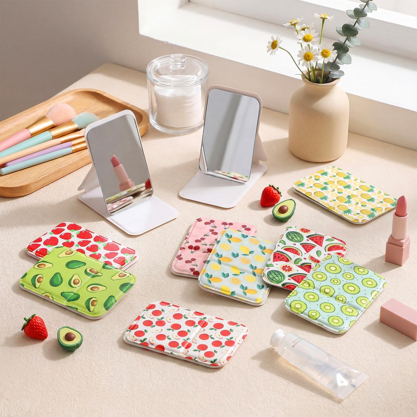 Yalikop 10 Pcs Cute Fruit Compact Mirror Gift Bulk, Summer Pocket Makeup Mirror Gift for Women, Girls, Friends, Guests, Bridal Shower Party Favors, Baby Shower Gifts (fruit, 10)