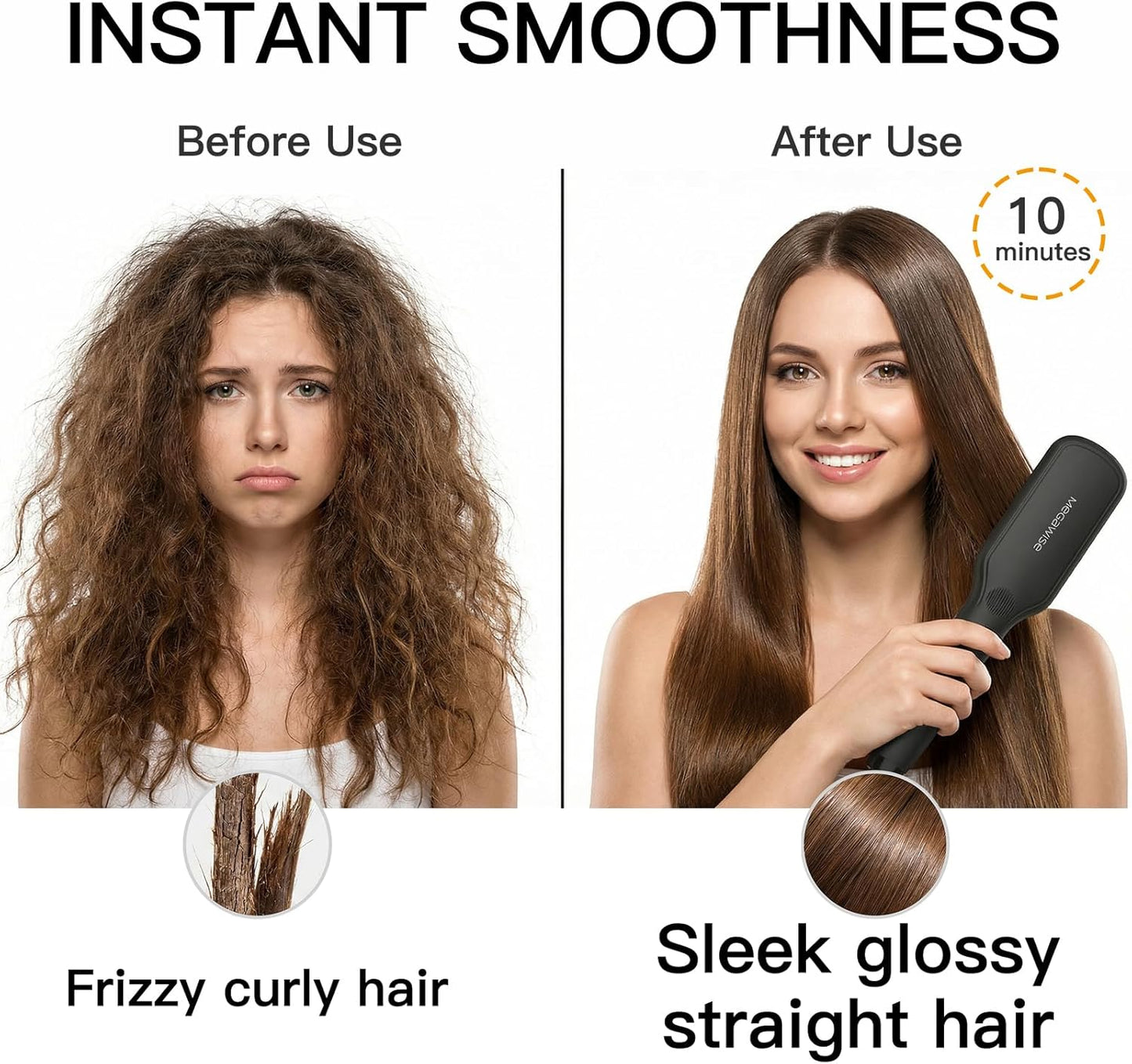 MEGAWISE Pro Ceramic Ionic Hair Straightener Brush - Fast 20s Heat, Auto-Off, Anti-Scald, Dual Voltage | Black