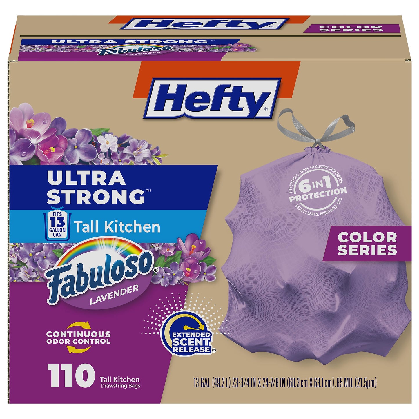Hefty Ultra Strong 13 Gallon Trash Bags, Tall Kitchen Trash Bags 13 Gallon Size, Resist Leaks, Punctures, and Rips, Continuous Odor Control, Purple, Fabuloso Scent, 110 Bags