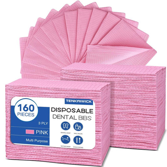 160 Pack Disposable Dental Bibs 13"x18", 3-Ply Waterproof Tattoo Bibs Sheet for Nail Salon, Dental Clinic, Feeding, Tattoo Shop (Pink)
