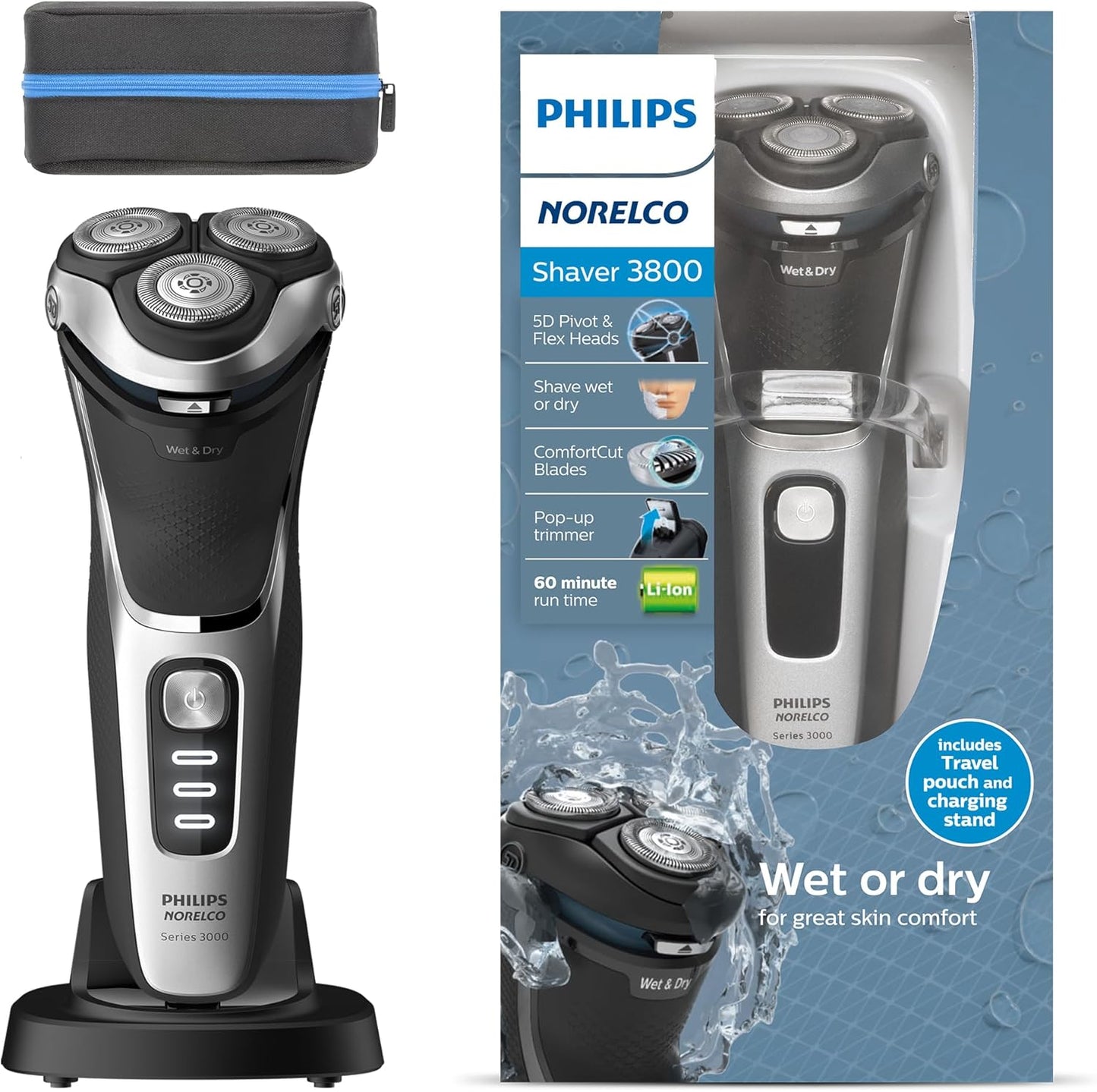 Philips Norelco Shaver 3900 Series - Wet & Dry Electric Shaver with Travel Pouch & Charging Stand | Storm Blue, Model S3341/92