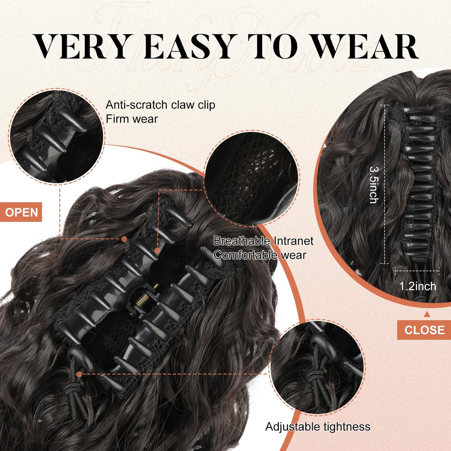 Flufymooz Ponytail Extension, 12" Short Claw Ponytail Extension Wavy Curly Jaw Clip in Pony tails Hair Extension Natural Synthetic Hairpiece for Women (Black Brown)