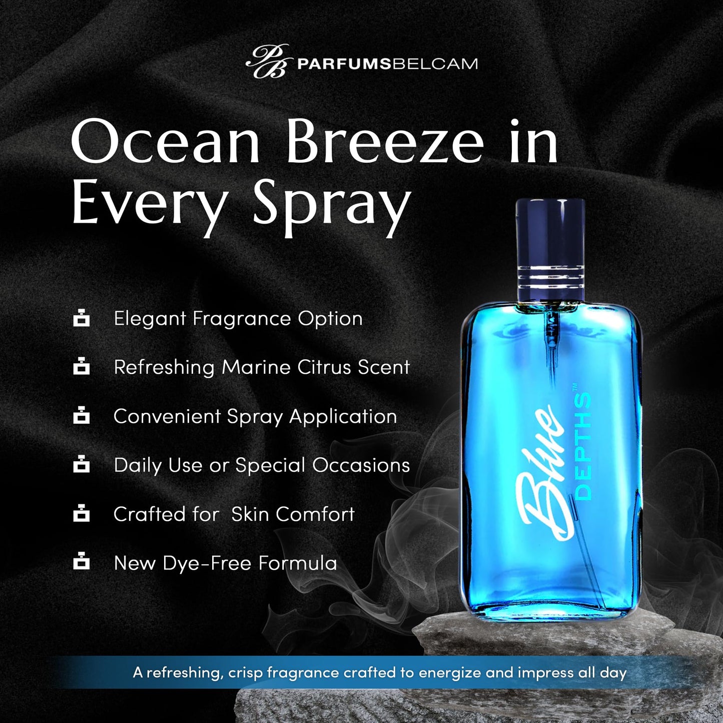 PB ParfumsBelcam Blue Depths Eau de Toilette Fragrance Spray - 3.4 Fl Oz. Fresh Aquatic Cologne for Men with Crisp Citrus, Warm Musk & Amber Scent, Crafted with Premium Oils for Day & Night Use
