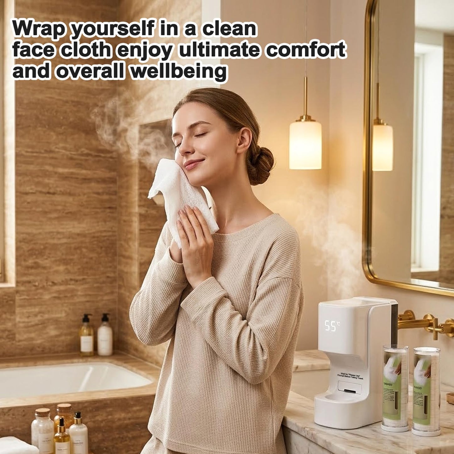 Hot Towel Warmer for Face, 5s Fast Heating Towel Dispenser with 55°C/131°F Display, Auto Moistening, One-Touch Release & Voice Alerts, 20 Compressed Towels for Skincare, Shaving Prep, White