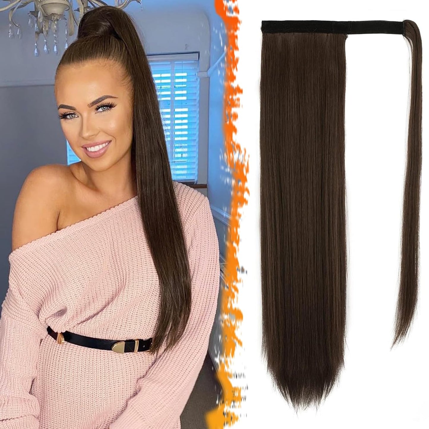 Dark Brown Straight Ponytail Extension - 28 Inch Clip-In Hairpiece for Women | Synthetic Wrap Around Style