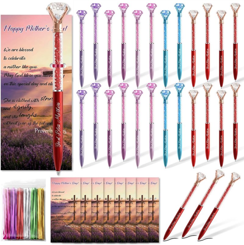 Diamond Ballpoint Pens Set - 24 Bulk Crystal Ink Pens with Bible Cards | Ideal Christian Gifts for Mothers & Sunday School