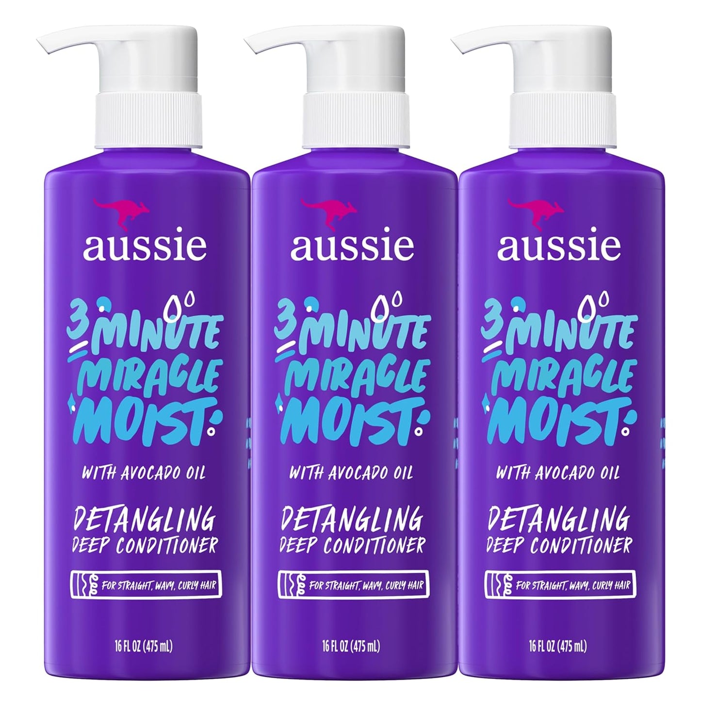 Aussie 3 Minute Miracle Moist Deep Conditioner - Nourishing Avocado & Jojoba Oil | 16 Fl Oz Each, Triple Pack