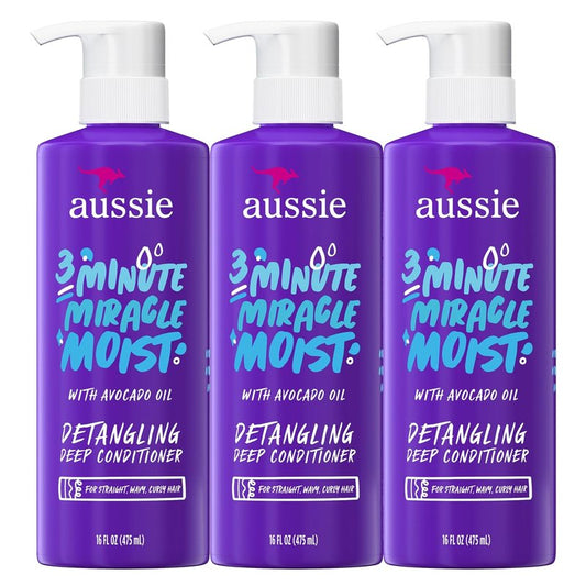 Aussie 3 Minute Miracle Moist Deep Conditioner - Nourishing Avocado & Jojoba Oil | 16 Fl Oz Each, Triple Pack