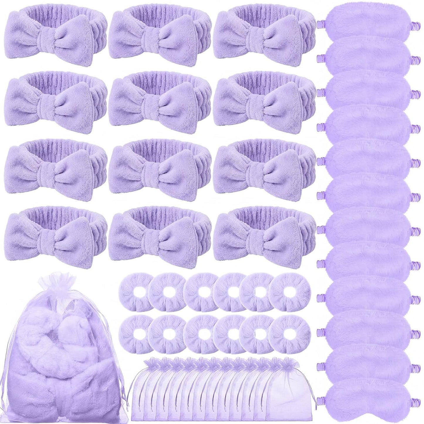 Mimorou Spa Party Supplies Set - 48 Pieces with Headbands, Eye Masks & Scrunchies | Pink, Blue, Purple