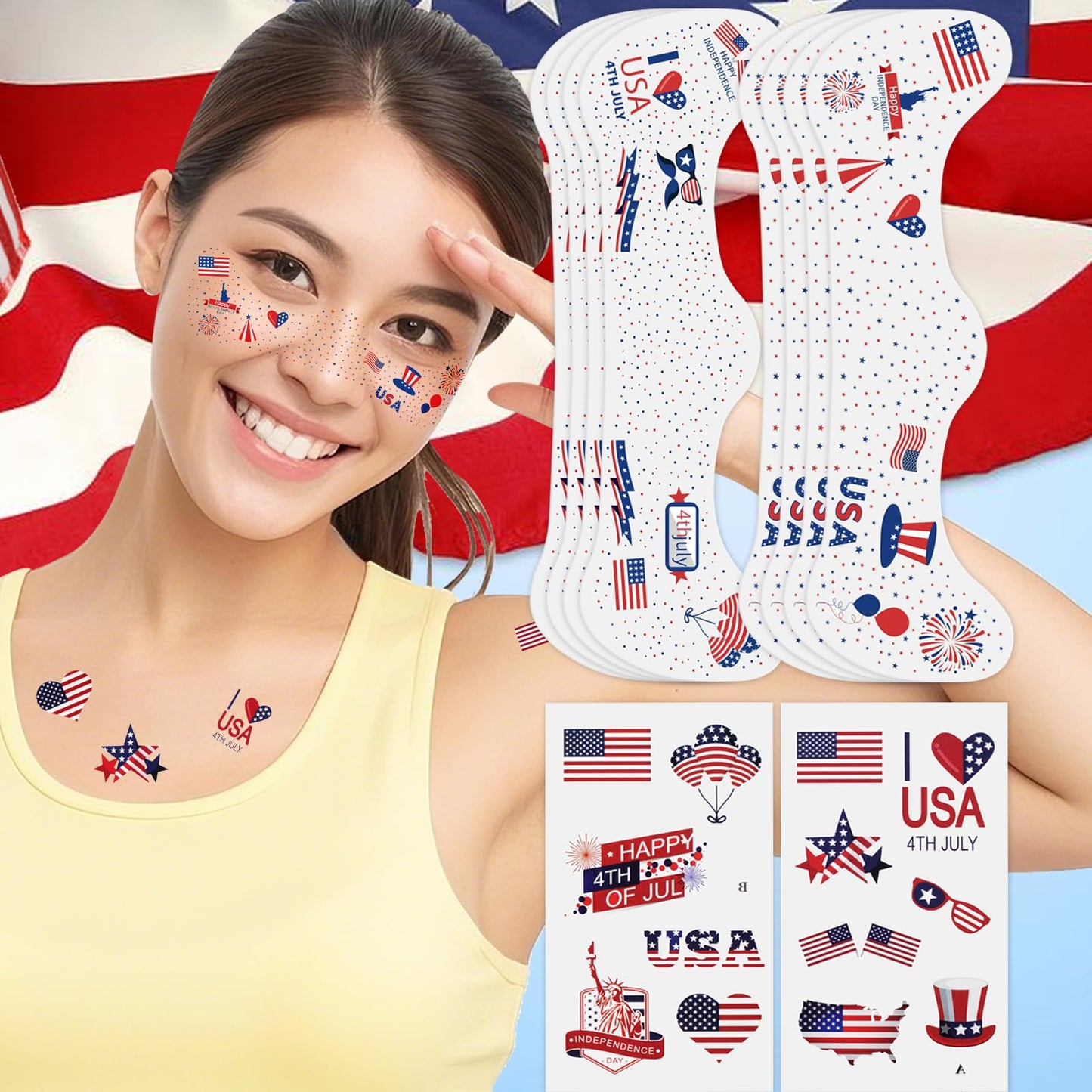 Paminify 4th of July Freckles Tattoos,Fourth of July Glitter Freckle Face Accessories, Patriotic USA Red White Blue Temporary Star Stickers,Independence Flag Makeup,8 PCS+13 PCS