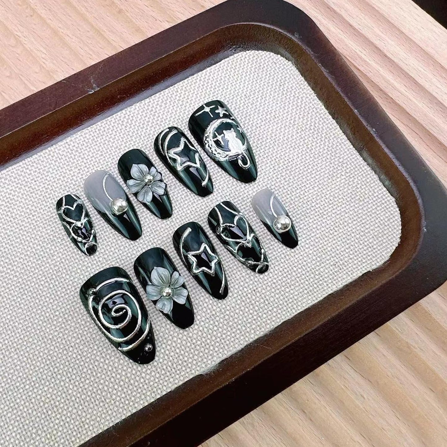 Black Chrome Press-On Nails - Medium Almond Gothic Acrylic Nails with 3D Flower & Rhinestones | 24-Pcs Nail Kit for Women