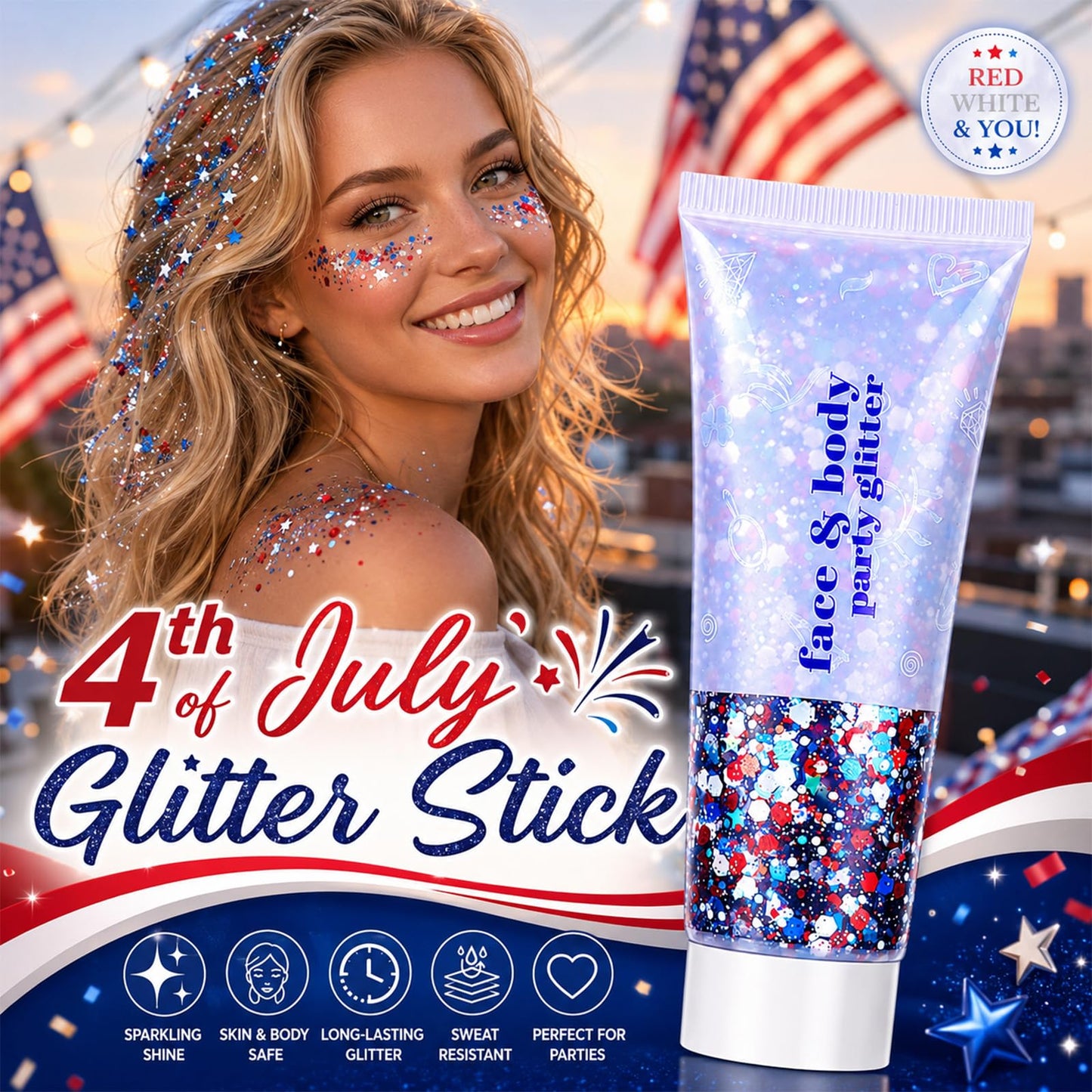 4th of July Glitter Stick, Red White & Blue Glitter Stick for Hair&Face, Waterproof & Easy Clean, Patriotic Independence Day 250th Anniversary Fourth of July Outfits Accessories for Women & Kids