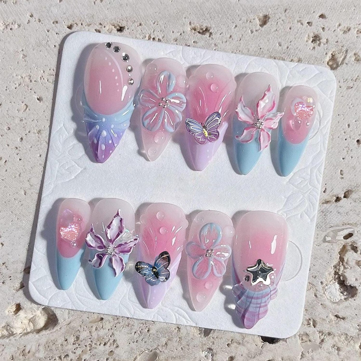 French Tip Press-On Nails - 24pcs Medium Almond with 3D Floral Gold Pearl Shell Designs | Summer Glitter Acrylic Full Cover