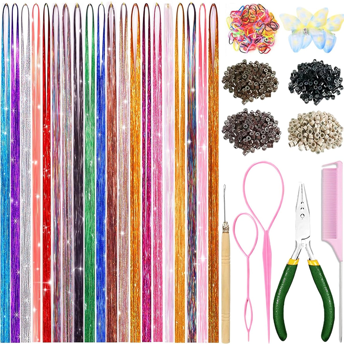 Hair Tinsel Kit - 12 Color Sparkling Heat-Resistant Tinsel Extensions | 48-Inch Strands for Fairy Hair