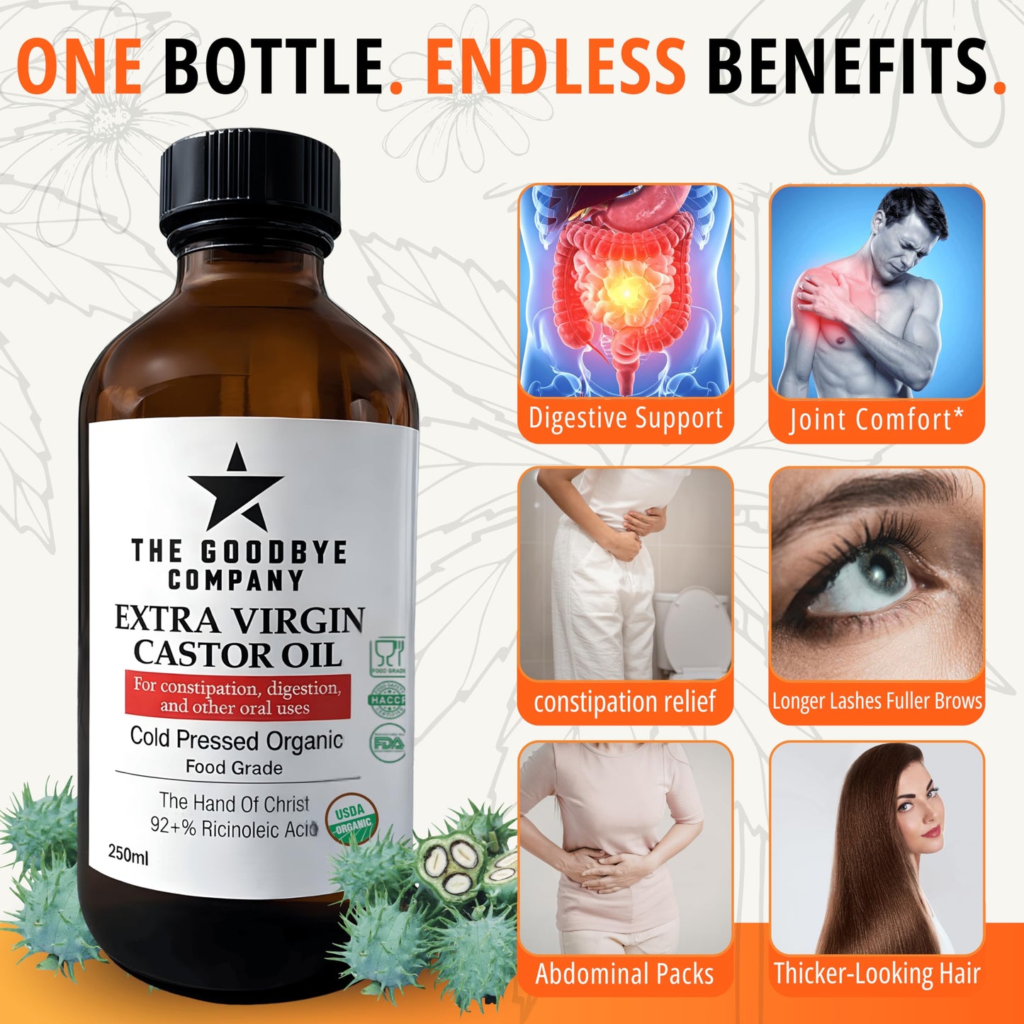 The Goodbye Company Extra Virgin Castor Oil 250ml, USDA Organic, Cold Pressed, Food Grade, Hexane-Free, Supports Digestive Wellness, Hair Growth, Eyelashes, Brows And Skin