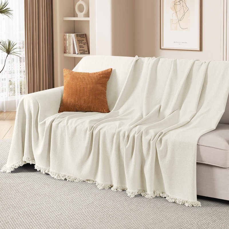 TAOCOCO Couch Cover, Couch Cover Blanket for Sofa, Thick Durable Throw for Sectional Couch, Washable Furniture Protector for Dogs Kids, Tassel Trim, 71''x118'' Beige